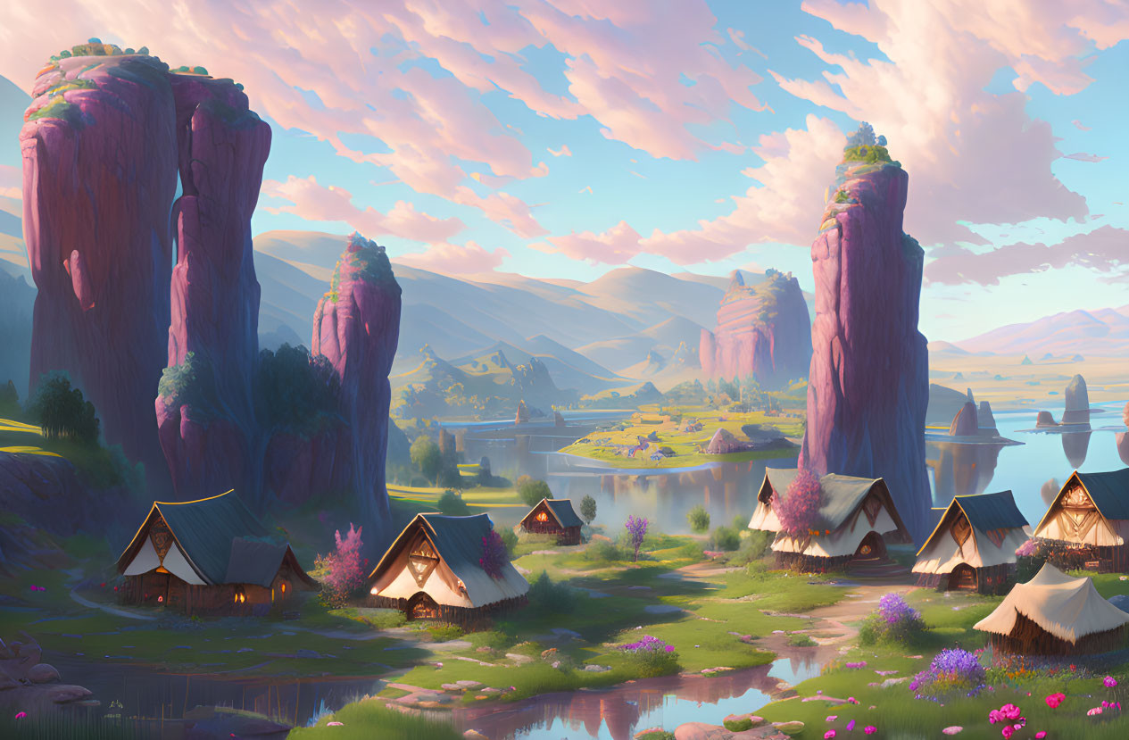 Tranquil village with rock formations, river, pink sky