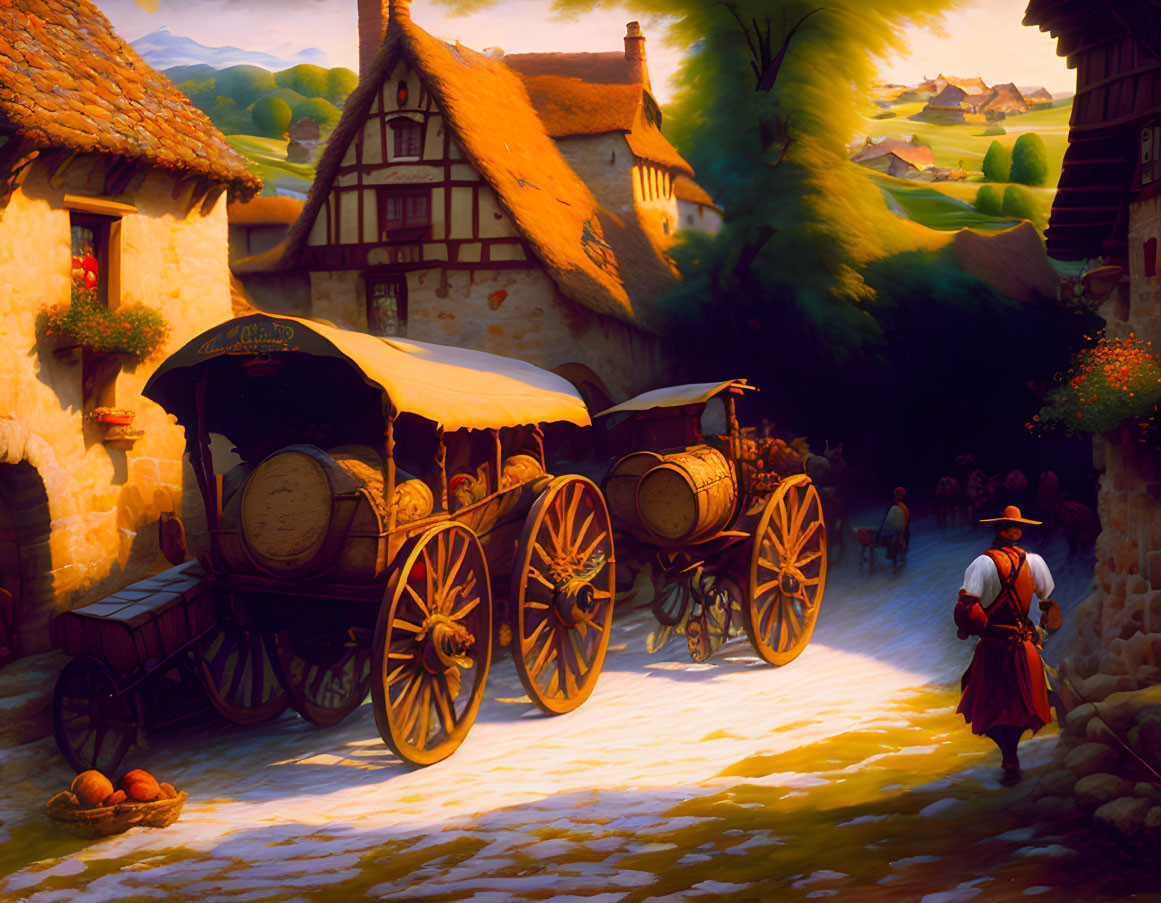 Horse-drawn wagons on village road at sunset with traditional attire person & quaint houses.