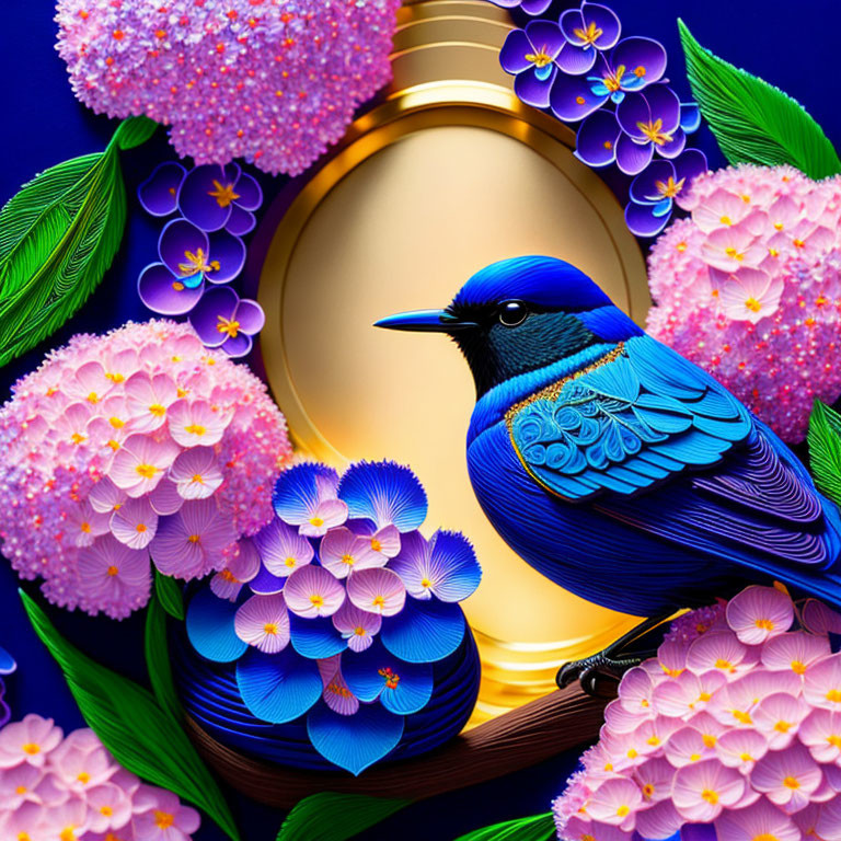 Colorful Blue Bird Among Pink and Purple Flowers with Golden Circle Background