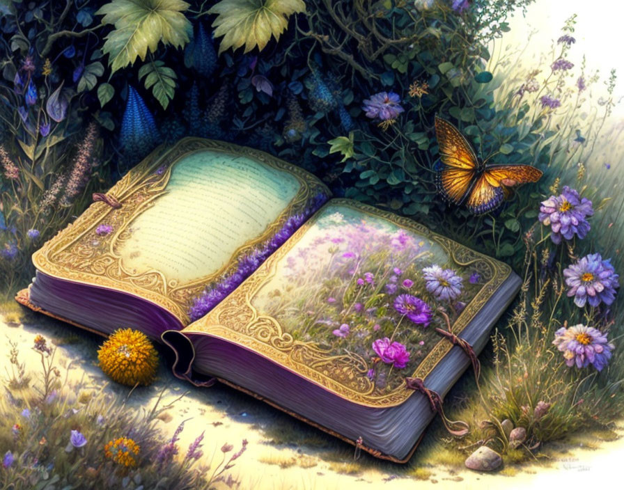 Blank open book surrounded by greenery and butterfly in a fantasy nature setting