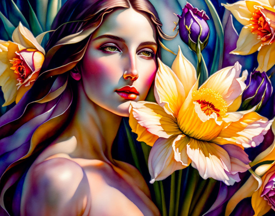 Colorful Portrait of Woman with Large Floral Surroundings