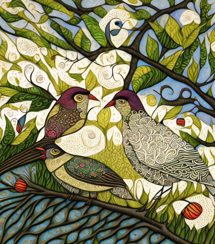 Stylized birds on branch with intricate patterns among colorful leaves