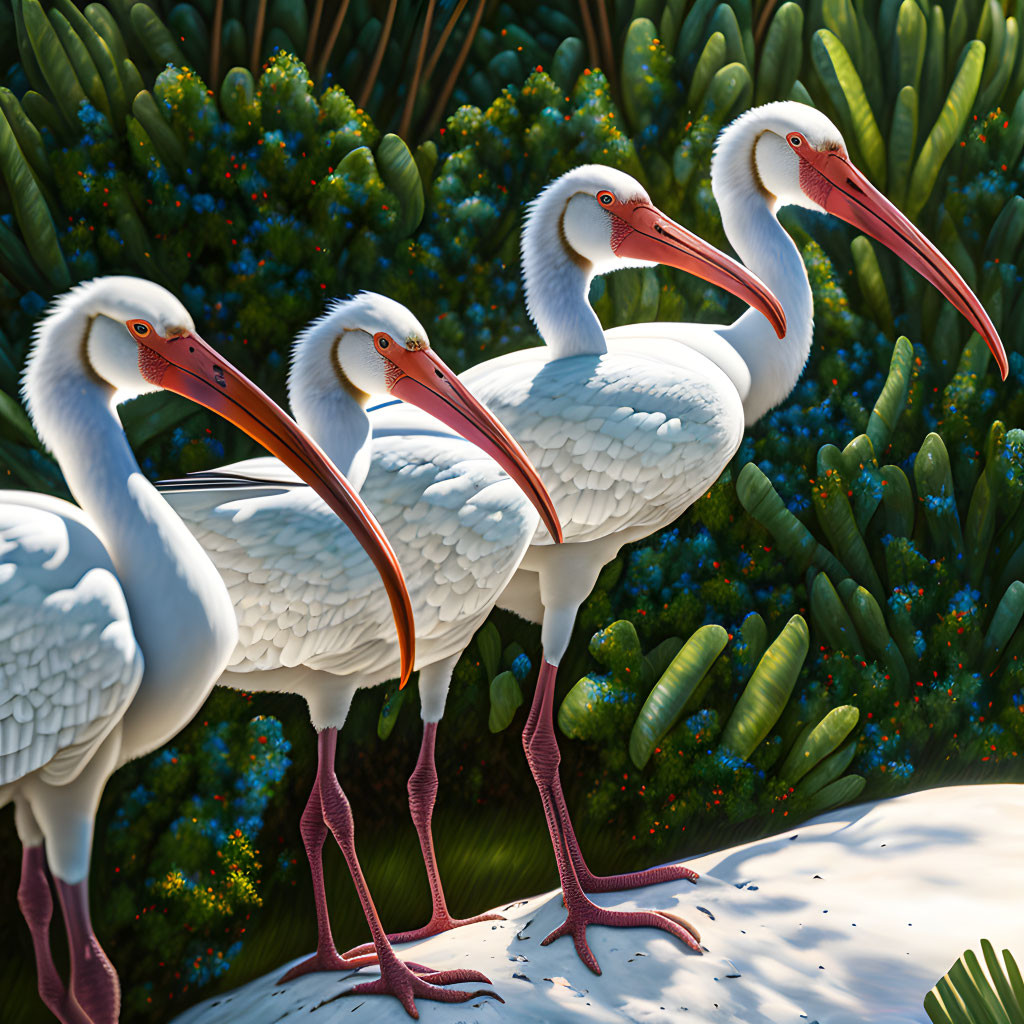 Four White Pelicans with Long Orange Beaks and Pink Legs Among Green Foliage