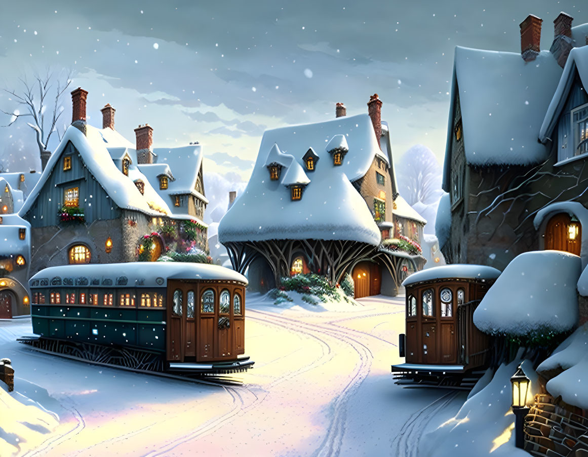 Snow-covered village with illuminated houses & vintage tram at dusk