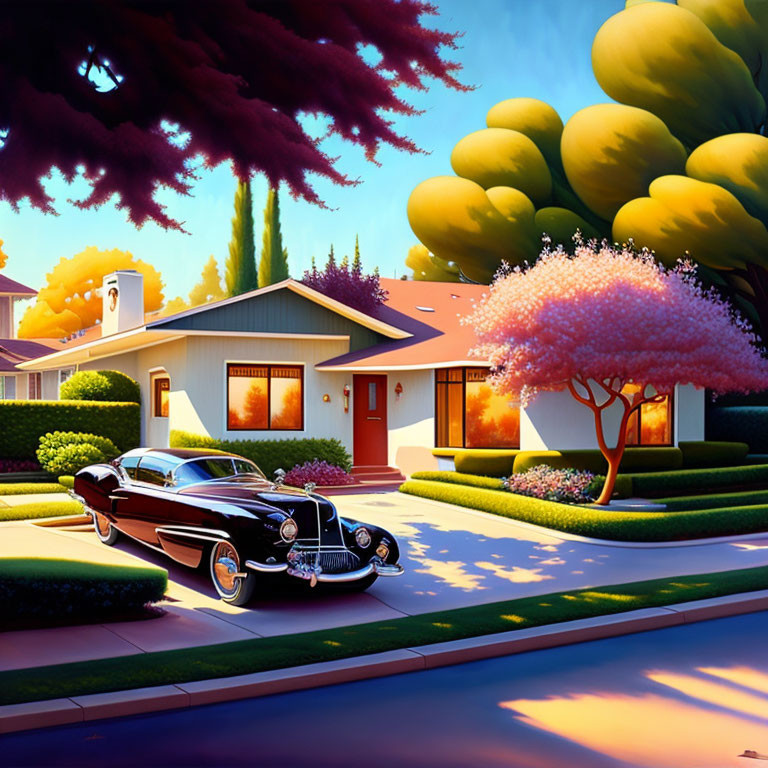 Illustration of vintage car in front of suburban house with colorful trees and clear sky