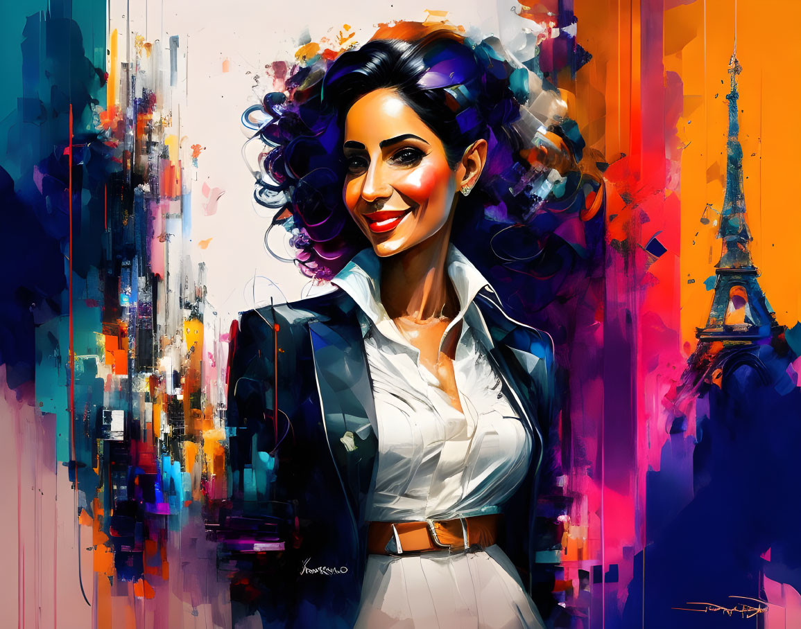 Colorful digital painting of woman in white shirt and blazer with Eiffel Tower backdrop