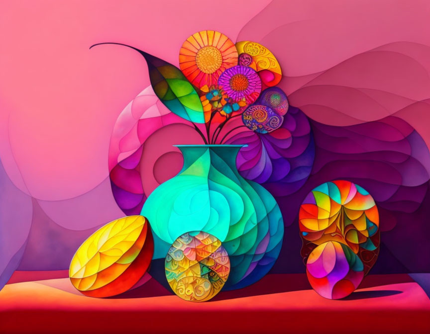 Colorful digital painting of turquoise vase, flowers, and ornate objects on red surface against abstract backdrop