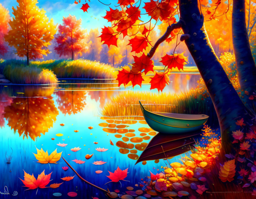 Colorful autumn scene: tranquil lake, vibrant trees, fallen leaves, rowboat, lily pads