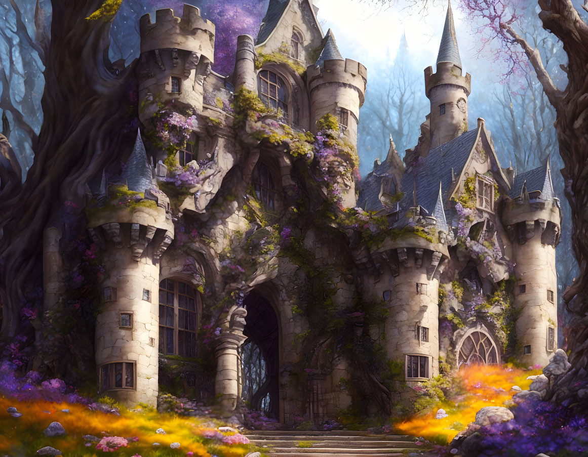 Stone castle towers in ancient forest with vines and colorful meadows