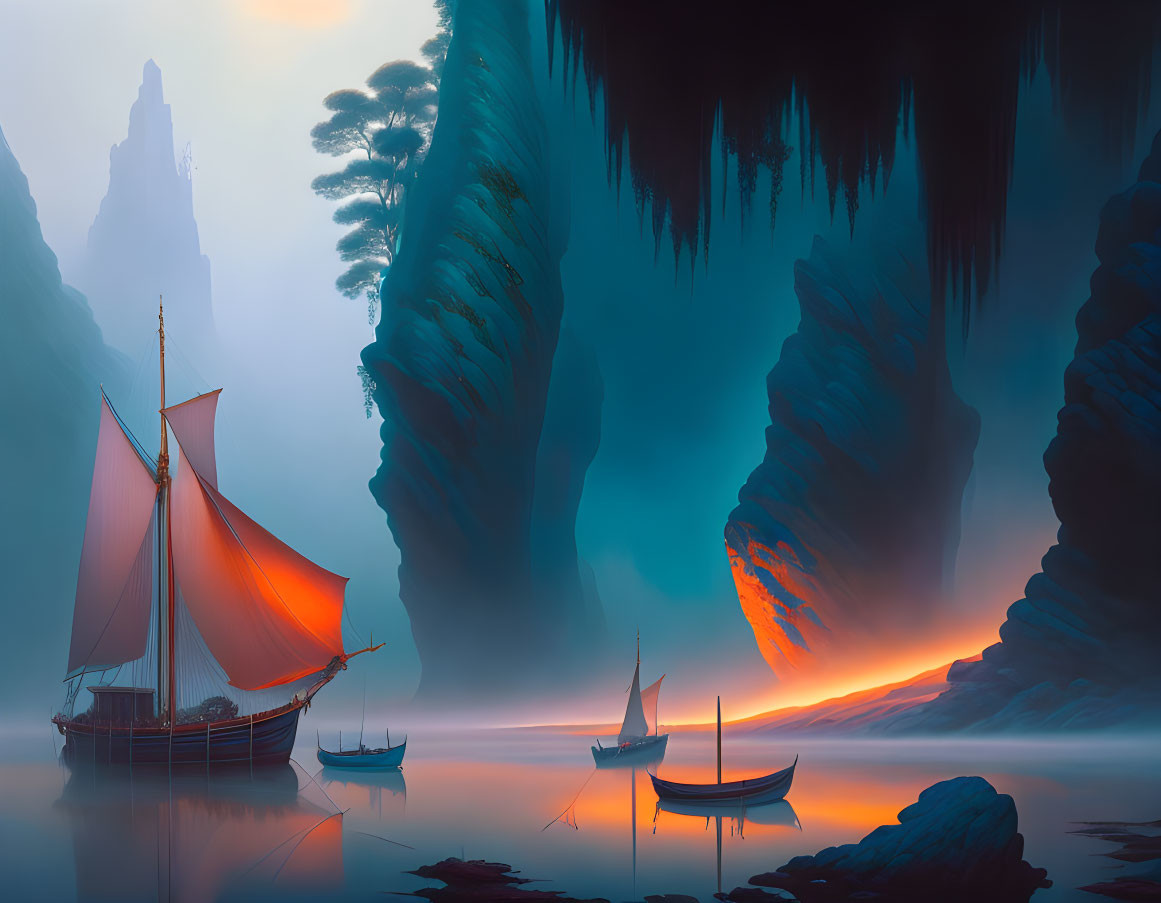 Fantasy landscape with calm river, red-sailed ships, misty cliffs, warm light