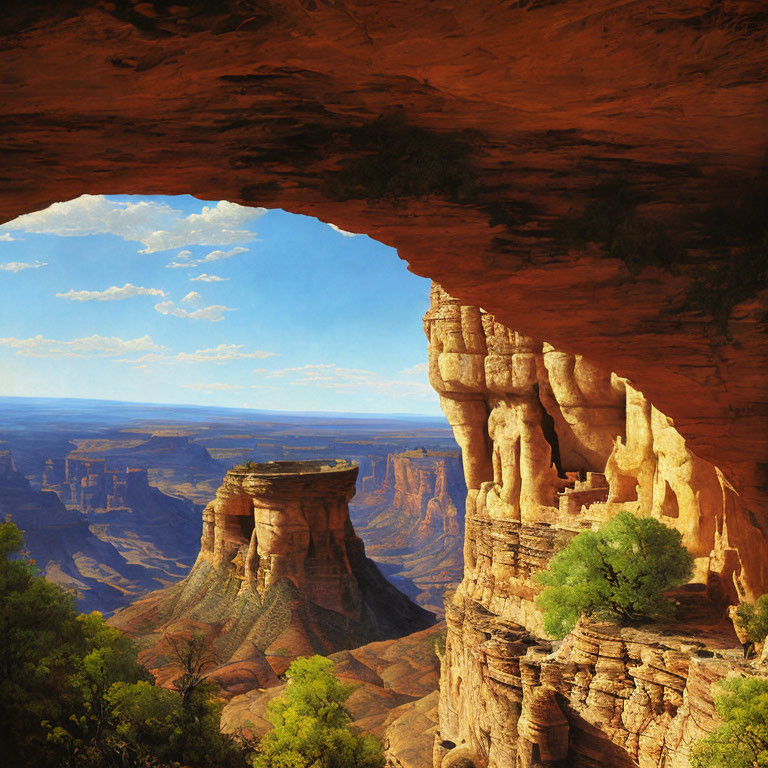 Majestic canyon view from cave opening under blue sky