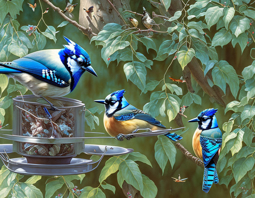 Three Blue Jays Among Green Leaves and Branches Feeding on Peanuts