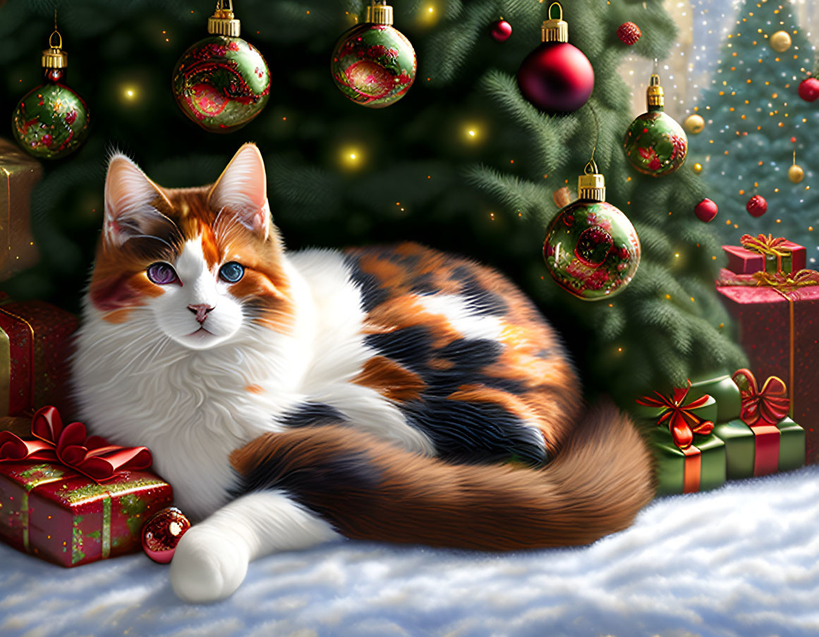 Calico Cat with Blue Eyes Surrounded by Christmas Decorations