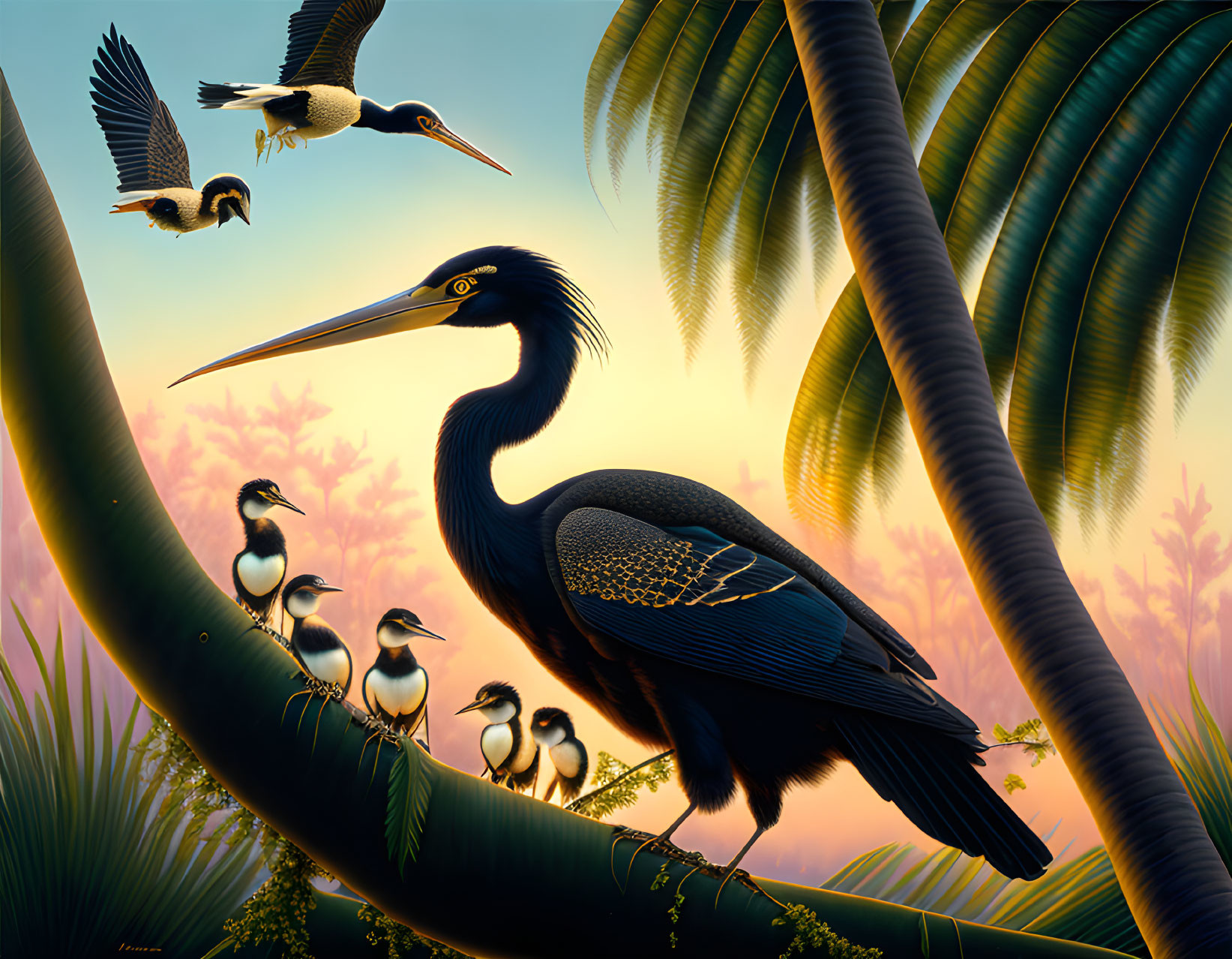 Colorful painting: Black heron on branch with smaller birds, flying herons, and sunrise/s