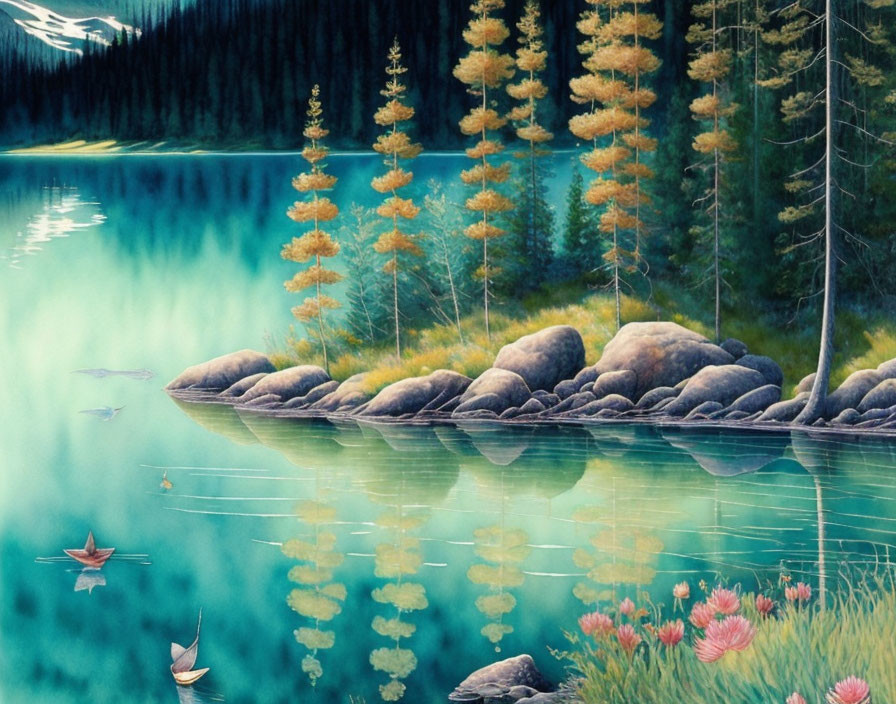 Tranquil Lake Scene: Turquoise Water, Pine Trees, Rocks, Fish