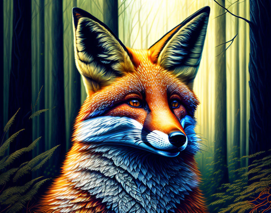 Vivid Fox Art with Detailed Fur in Dark Forest