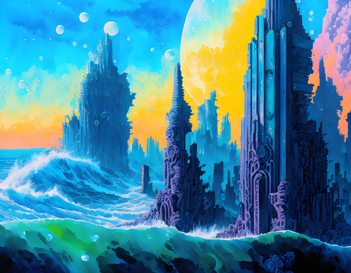 Fantasy landscape with blue crystal structures, ocean waves, and yellow moon