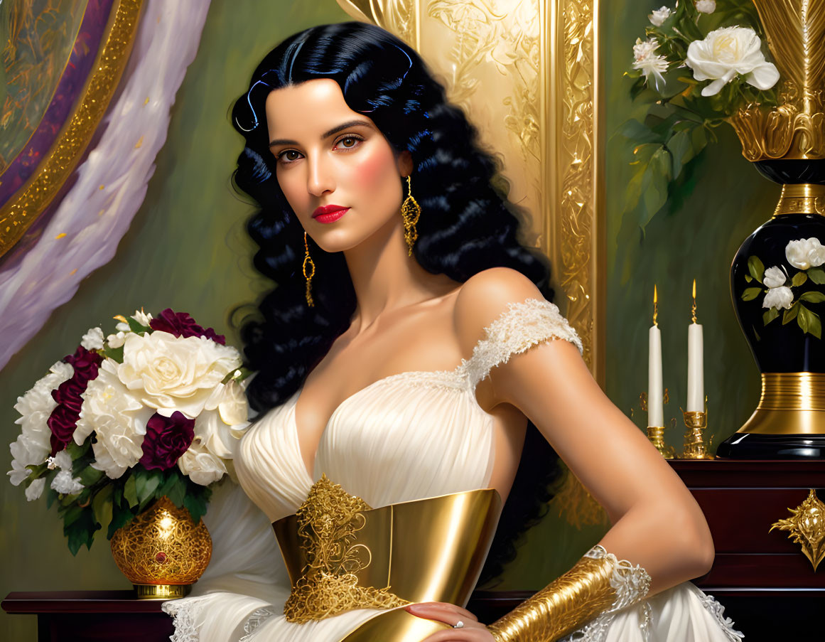 Dark-haired woman in vintage white dress with gold accents beside white roses and candles