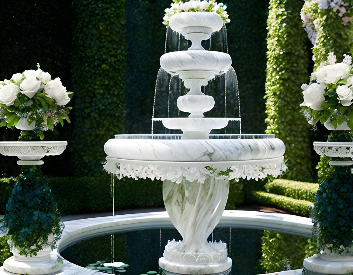 Three-tiered white marble water fountain with green hedges and white flowers