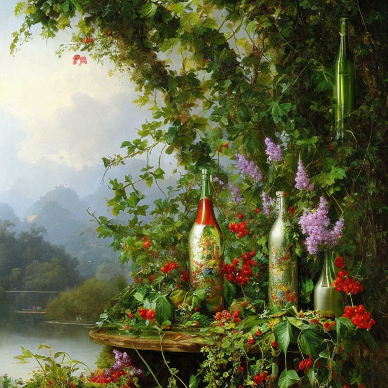 Decorative bottles in nature setting with lake and mountains