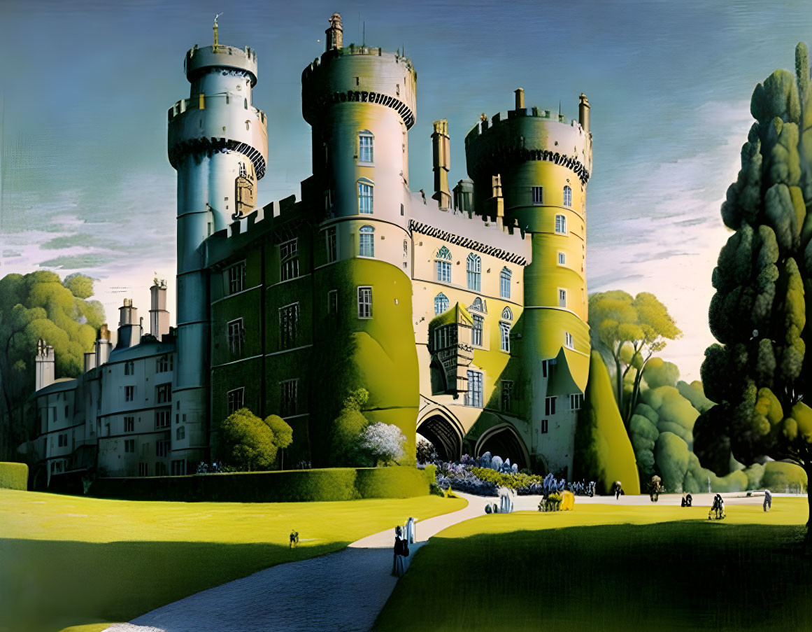 Fantastical castle with cylindrical towers in lush greenery