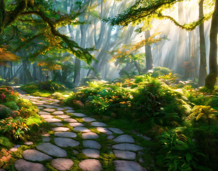 Forest Path Illuminated by Sunlight Through Trees