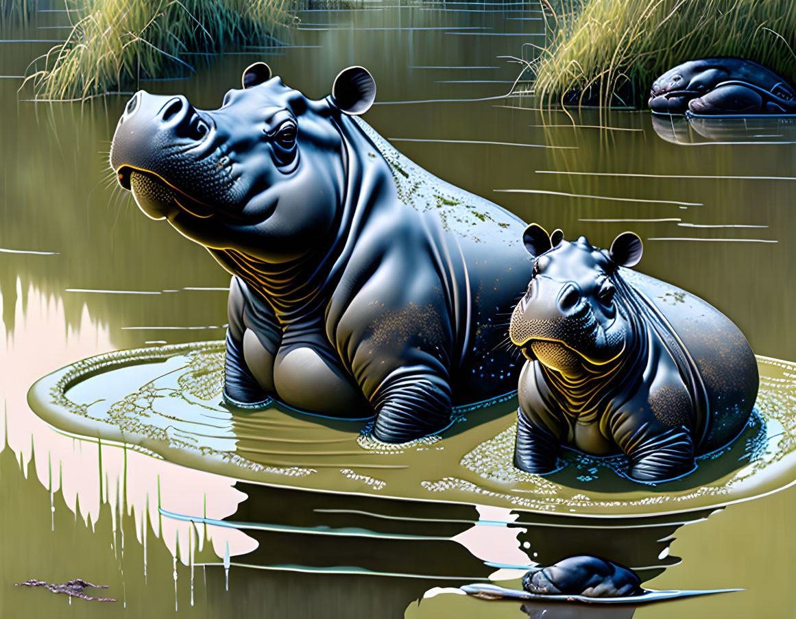 Stylized illustration of resting hippos in lush water scene