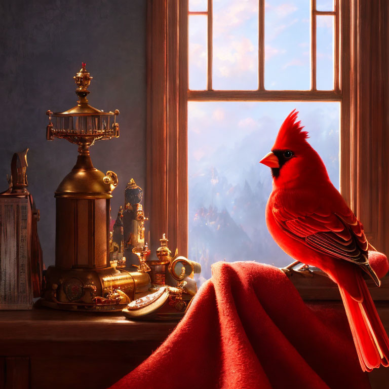 Red cardinal on wooden windowsill with chess pieces and mountain view