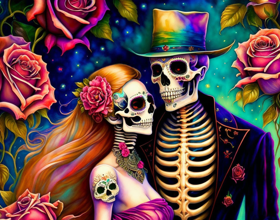 Colorful Skeleton Couple Artwork with Dia de los Muertos Face Paint and Roses