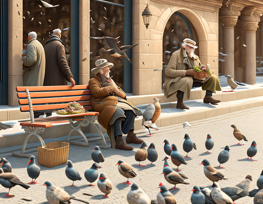 Elderly man feeds pigeons on sunlit plaza bench