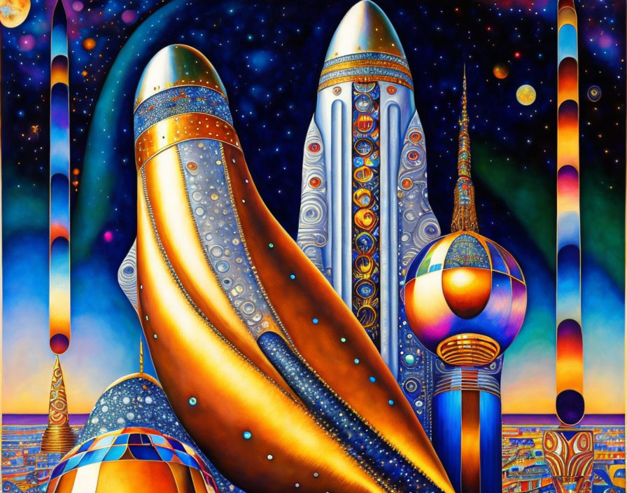 Colorful Stylized Rocket Launch Artwork with Celestial Backdrop