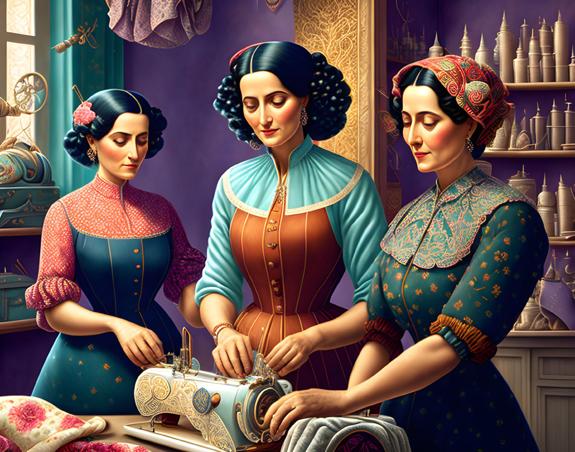 Vintage Clothing Sewing Scene with Three Women and Thread Shelves