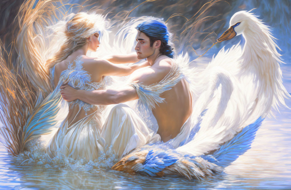 Fantastical swan-human couple embracing by water and golden reeds