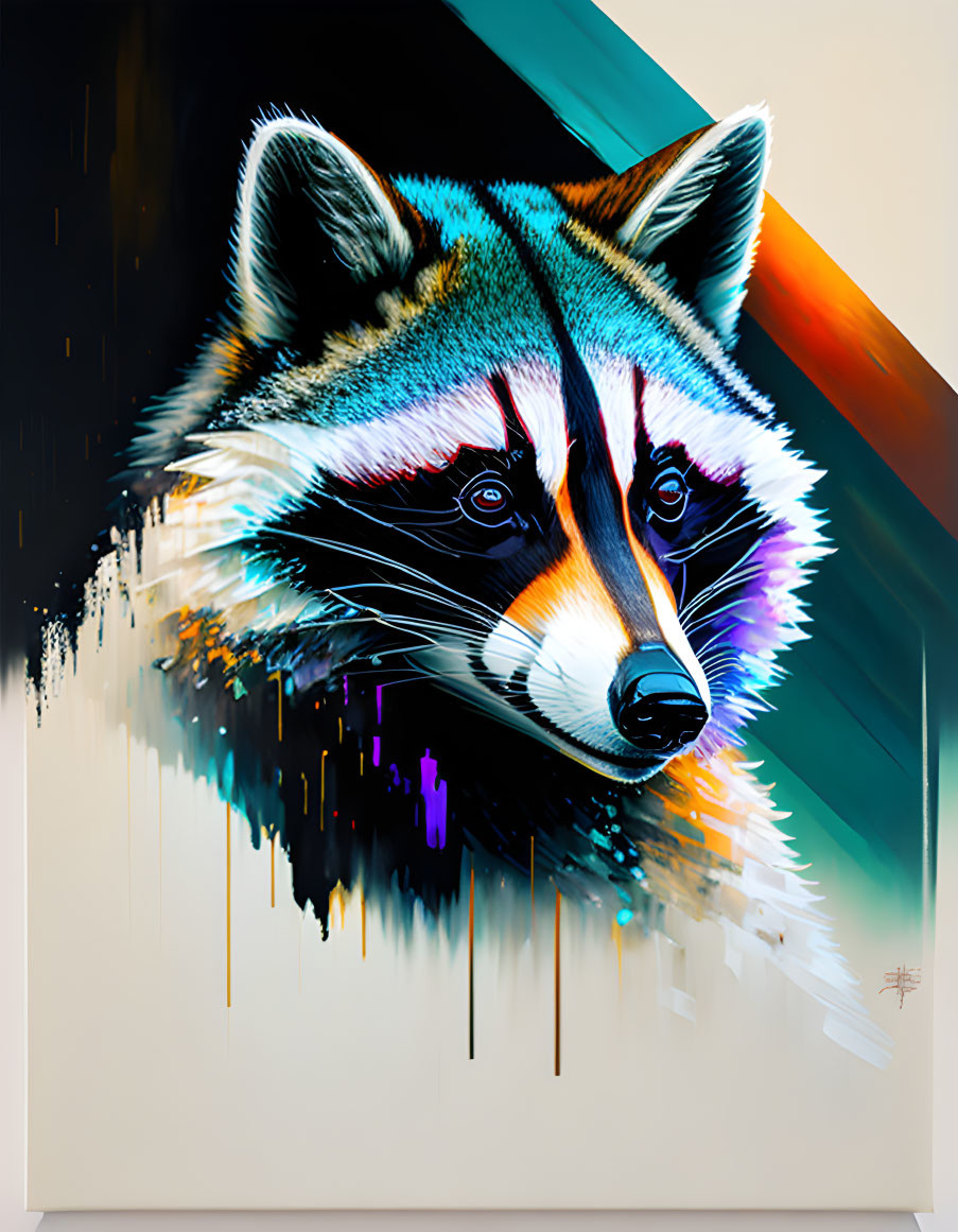 Colorful Abstract Raccoon Face Painting on White Canvas