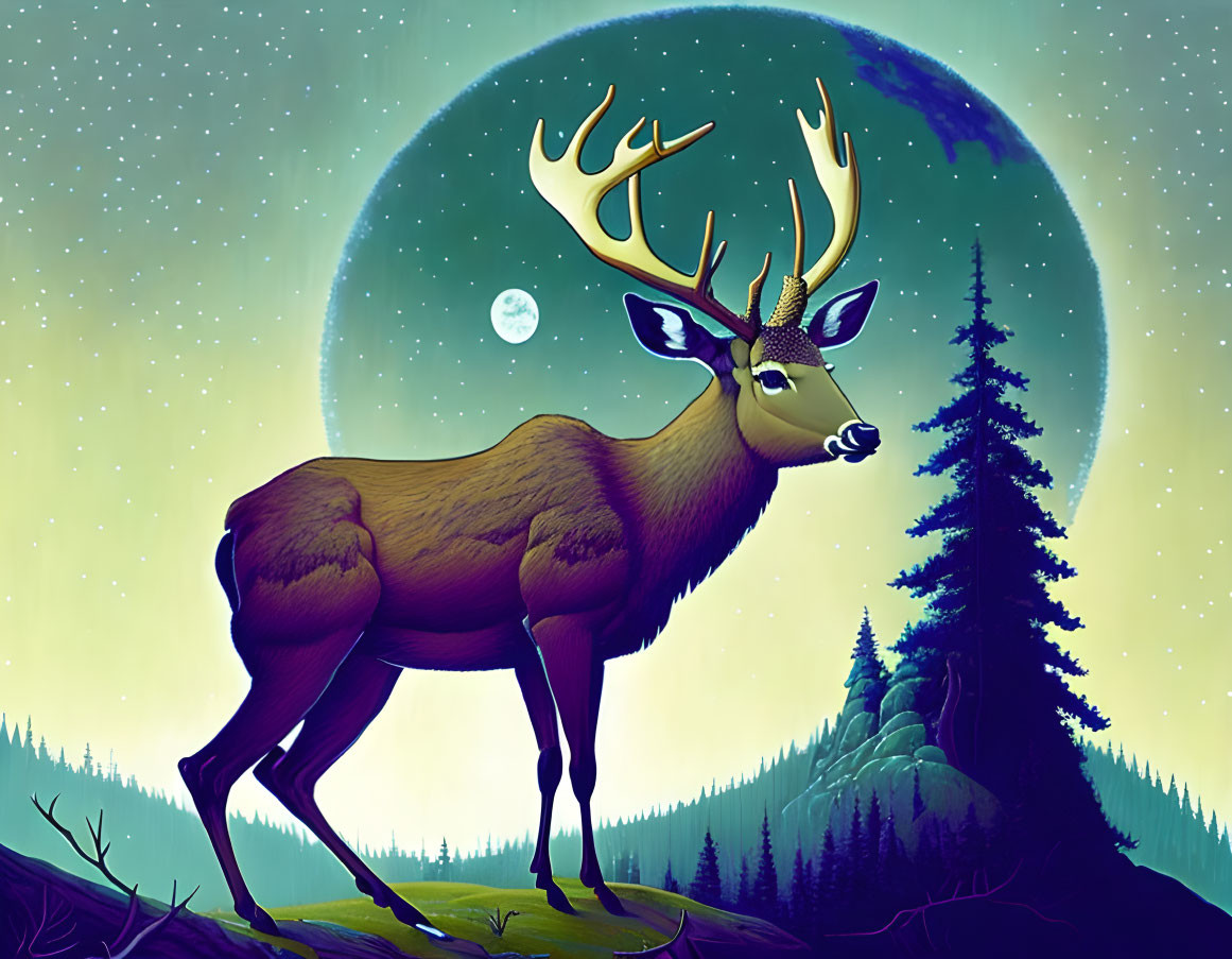 Stylized deer with expansive antlers in forest with moon