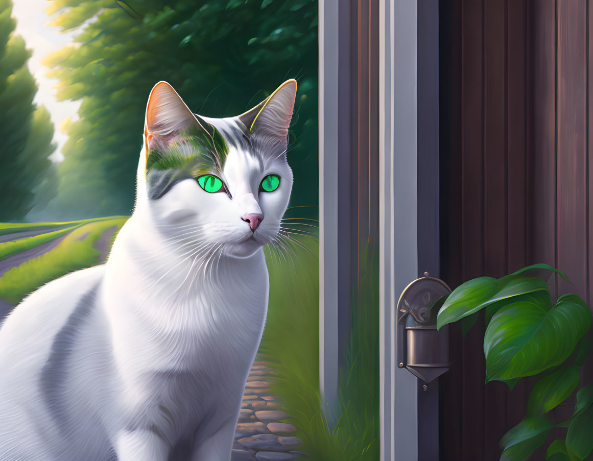 White Cat with Green Eyes by Wooden Fence in Sunlight