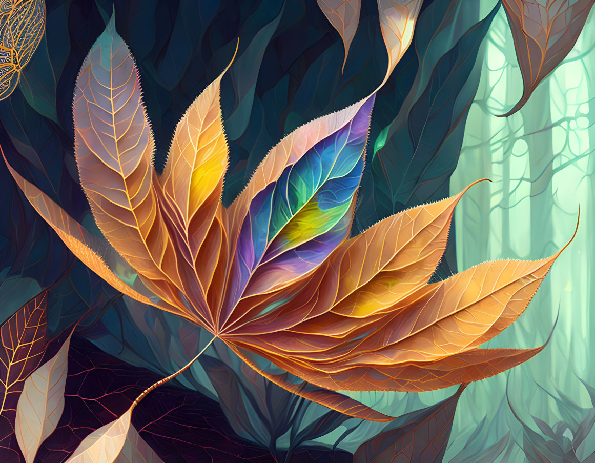 Colorful Leaf Artwork in Enchanted Forest Setting