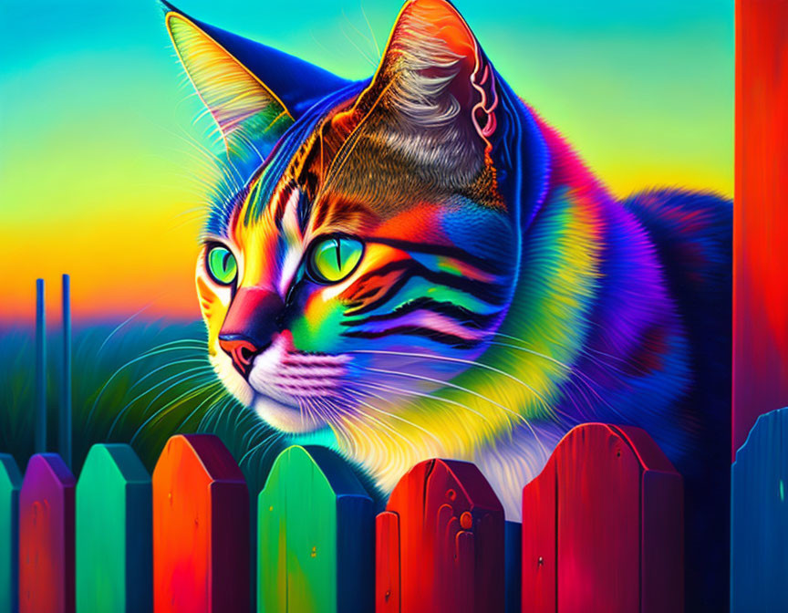 Colorful digital artwork: Multicolored cat behind picket fence