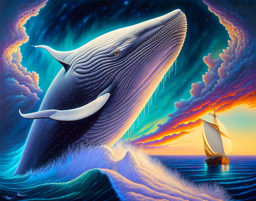 Surreal painting: Giant whale, sailboat, vibrant sky