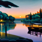 Fantastical landscape at dusk with glowing boat, castles, and lit lamps