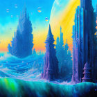 Fantasy landscape with blue crystal structures, ocean waves, and yellow moon