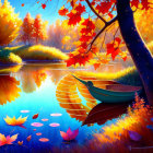 Colorful autumn scene: tranquil lake, vibrant trees, fallen leaves, rowboat, lily pads