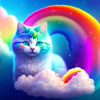 Colorful Digital Artwork: Whimsical Cat in Clouds with Rainbow and Rose