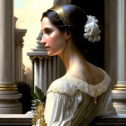 Digital artwork of woman in historical dress with white flower, looking away, against classical columns