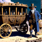 Colonial man with cart of pottery in outdoor market.