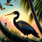 Colorful painting: Black heron on branch with smaller birds, flying herons, and sunrise/s
