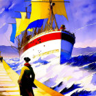 Colorful vintage ship illustration near pier with crashing waves and people on dock under vibrant sky.