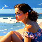 Woman with flower-adorned hairstyle on sunny beach with seagulls and waves