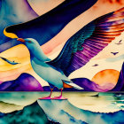 Large Stylized Bird Soaring Over Seascape at Sunset