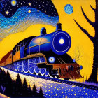 Colorful stylized steam train night scene with swirling starry sky.